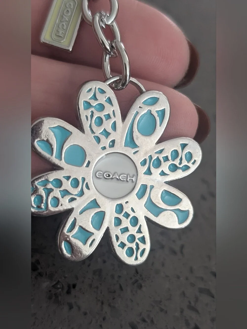 COACH Silver & Blue Flower Daisy Keychain Nwot
